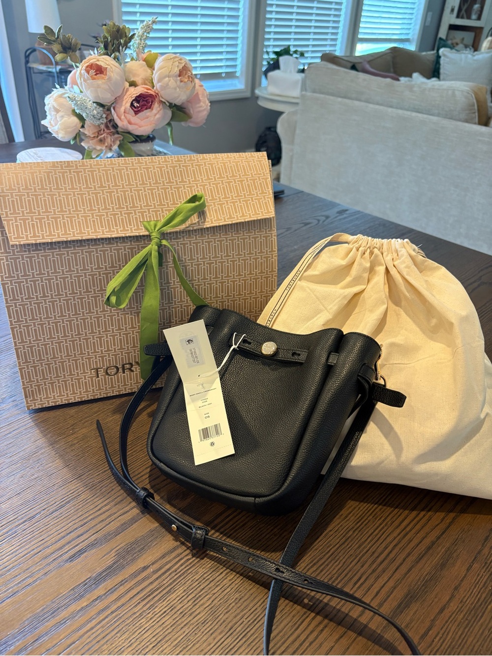 Tory Burch Black Pebbled Leather small Romy Crossbody with Adjustable Strap